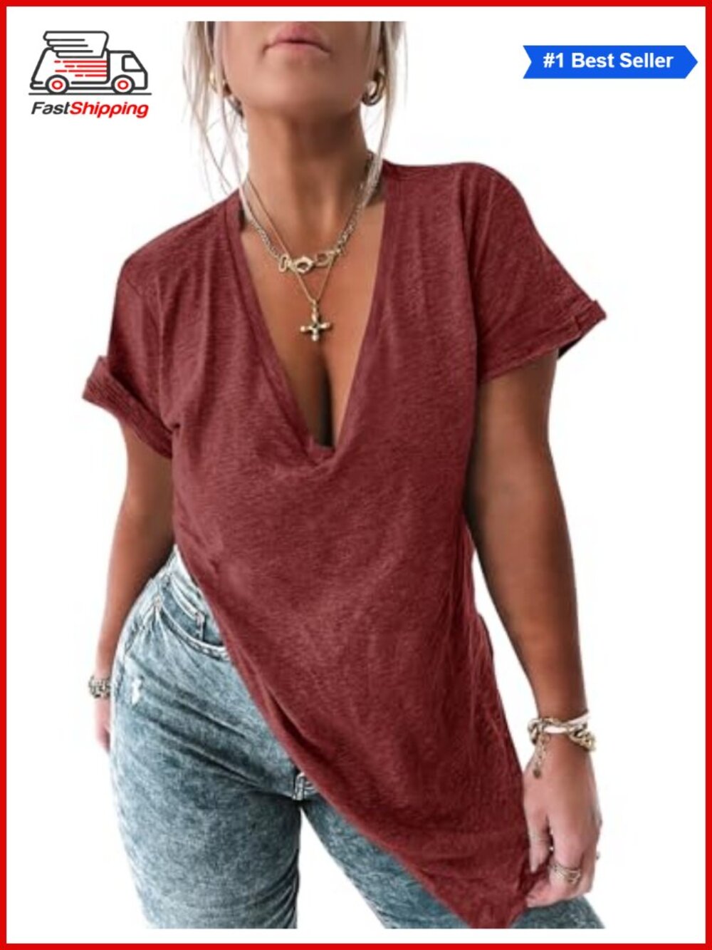 Womens Deep V Neck Oversized Tunic Top Short Sleeve Summer Tee